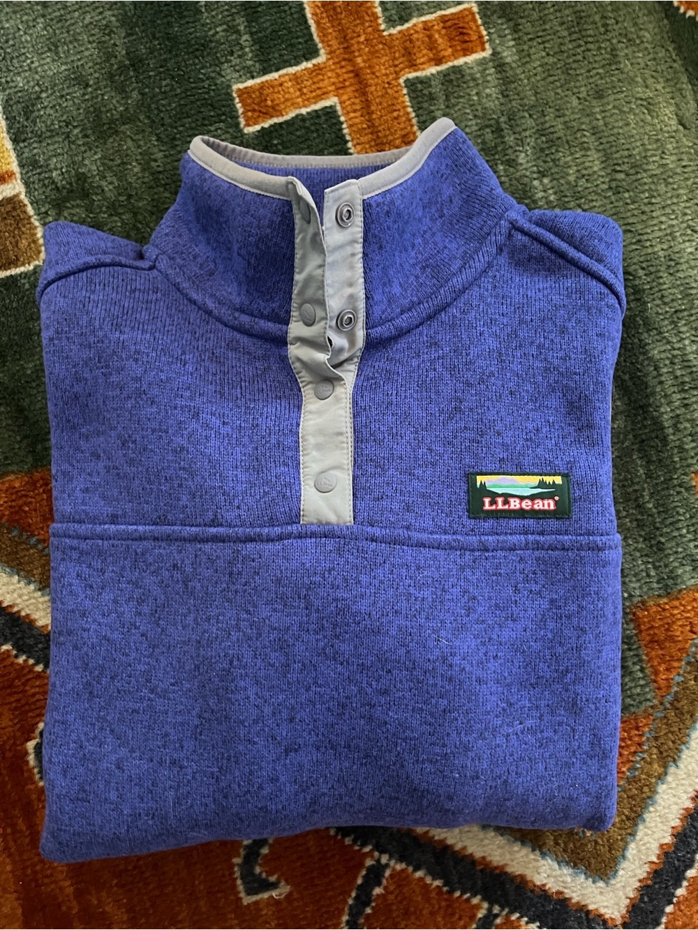 L.L. Bean Women’s Royal Blue Snap-Button Fleece Pullover with Gray Trim